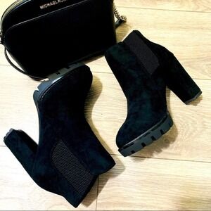Women New‎ Black Faux Suede Lugged Block Heeled Boots Elastic Band Pull On 7.5
